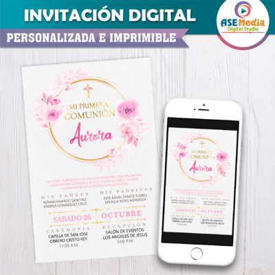 Mi Primera Comunión Rosa Invitación Digital