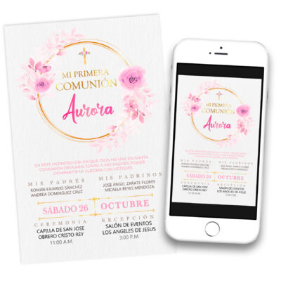 Mi Primera Comunión Rosa Invitación Digital