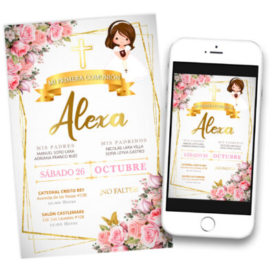 Mi Primera Comunión Floral para Niña Invitación Digital