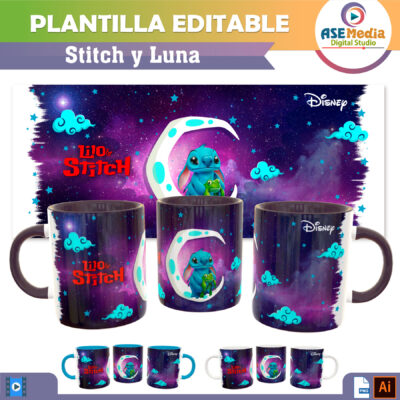 Stitch y Luna Plantilla Editable para Sublimación de Taza