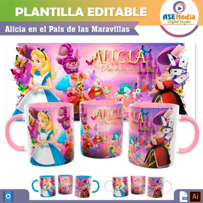 Alicia en el Pais de las Maravillas Plantilla Editable para Sublimación de Taza