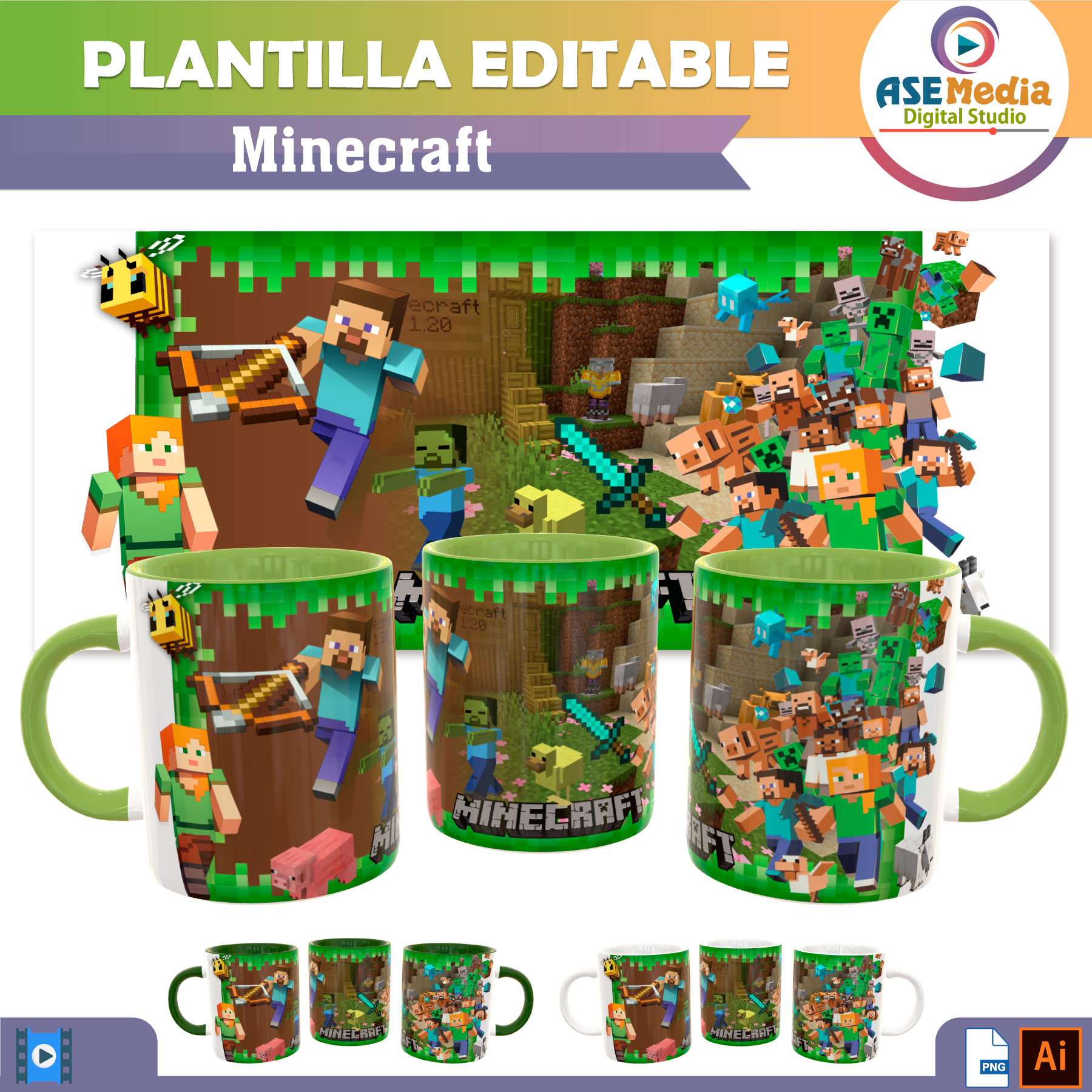 Minecraft Plantilla Editable para Sublimación de Taza