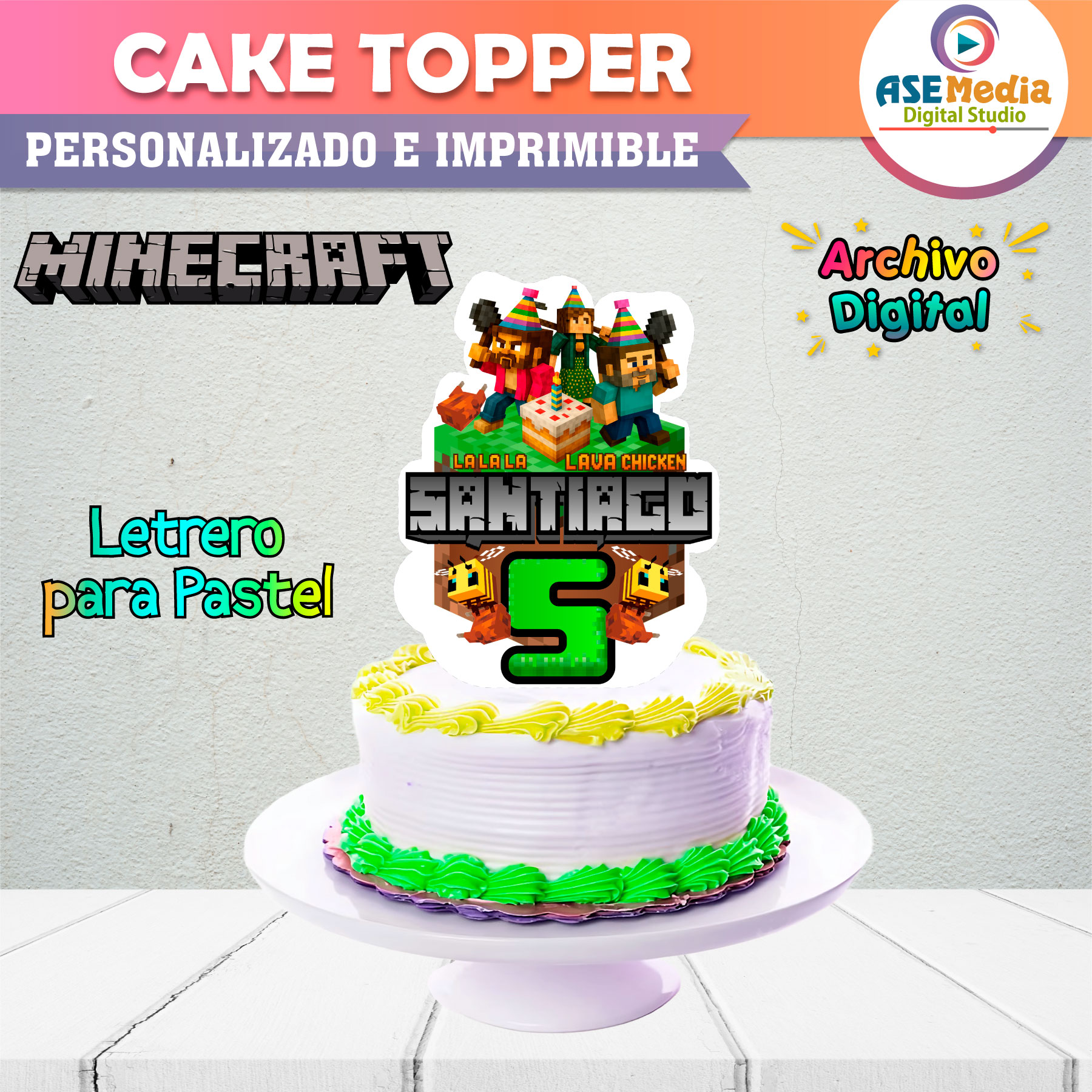 Minecraft Cake Topper Letrero Imprimible para Pastel