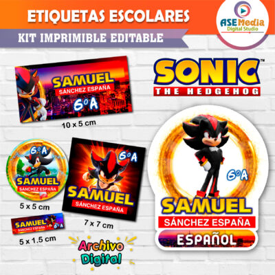 Shadow, Sonic Etiquetas Escolares Editables