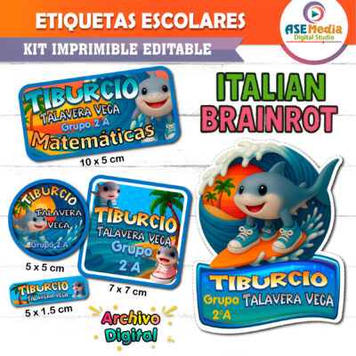 Brainrot, Tralalero Tralala Etiquetas Escolares Editables
