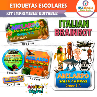 Italian Brainrot, Tralalero Tralala Etiquetas Escolares Editables