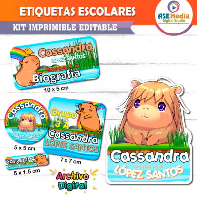 Capybara Kawai Etiquetas Escolares Editables
