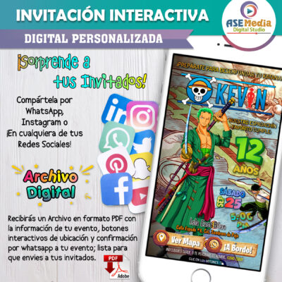 One Piece, Roronoa Zoro – Invitación Interactiva de Cumpleaños para WhatsApp