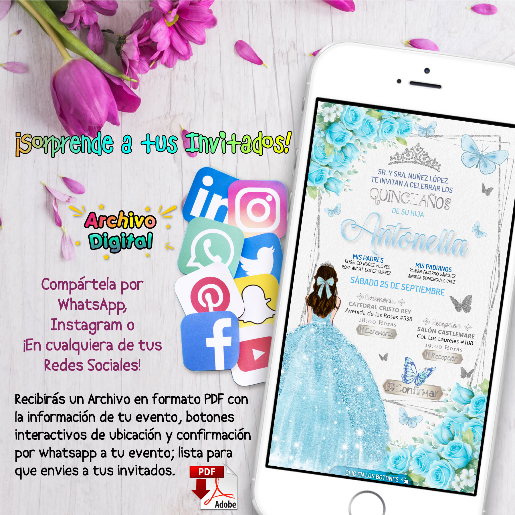 Mis XV Años, Floral en Amarillo – Invitación Interactiva de Cumpleaños para WhatsApp