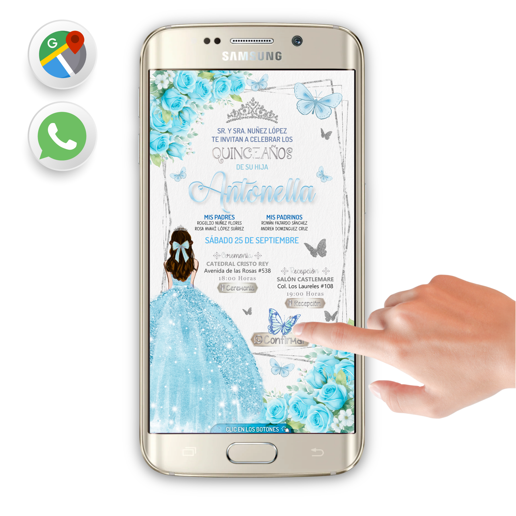 Mis XV Años, Floral Azul Cielo – Invitación Interactiva de Cumpleaños para WhatsApp