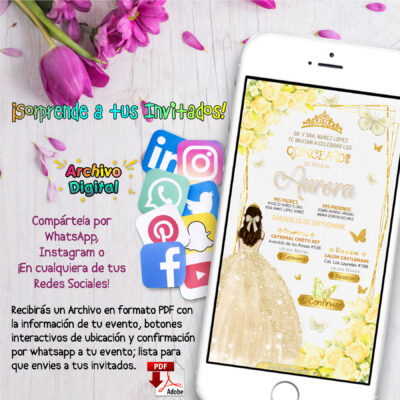 Mis XV Años, Floral Romana – Invitación Interactiva de Cumpleaños para WhatsApp