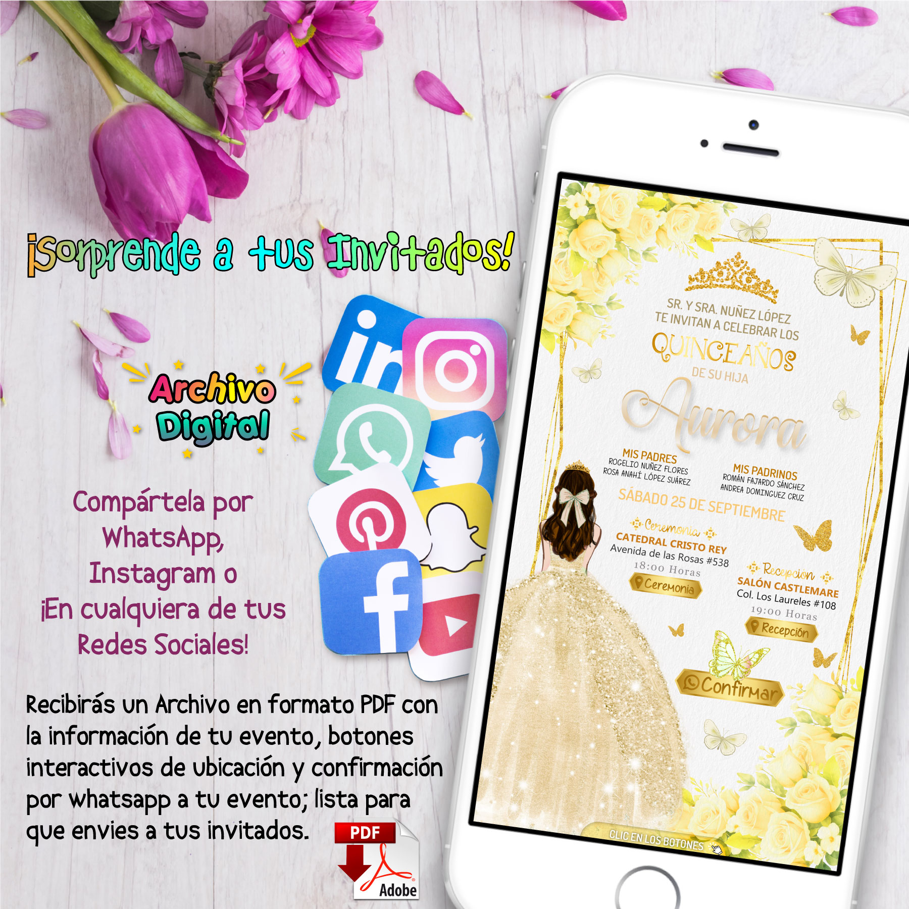 Mis XV Años, Floral Romana – Invitación Interactiva de Cumpleaños para WhatsApp