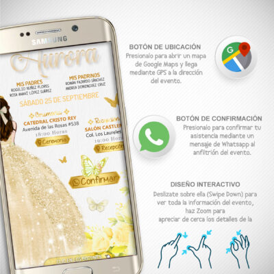 Mis XV Años, Floral Romana – Invitación Interactiva de Cumpleaños para WhatsApp