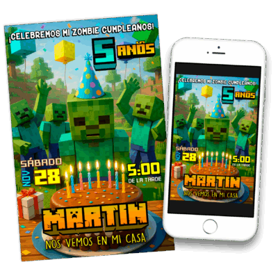 Zombie Minecraft – Invitación Digital de Cumpleaños