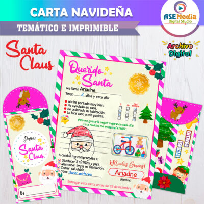 Carta Navideña a Santa Claus para Niña – Carta y Sobre Imprimible