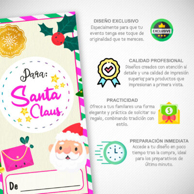 Carta Navideña a Santa Claus para Niña – Carta y Sobre Imprimible