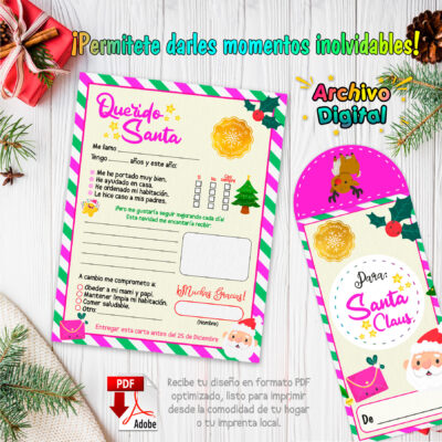 Carta Navideña a Santa Claus para Niña – Carta y Sobre Imprimible