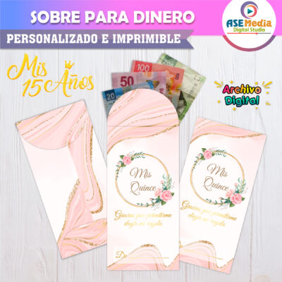 Quince Años Floral Acuarela Azul y Café – Sobre Personalizado para Dinero