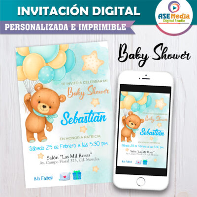 Baby Shower Osito con Globos Azul Cielo Invitación Digital