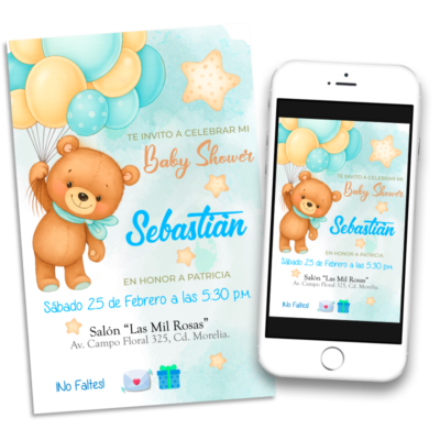 Baby Shower Osito con Globos Azul Cielo Invitación Digital