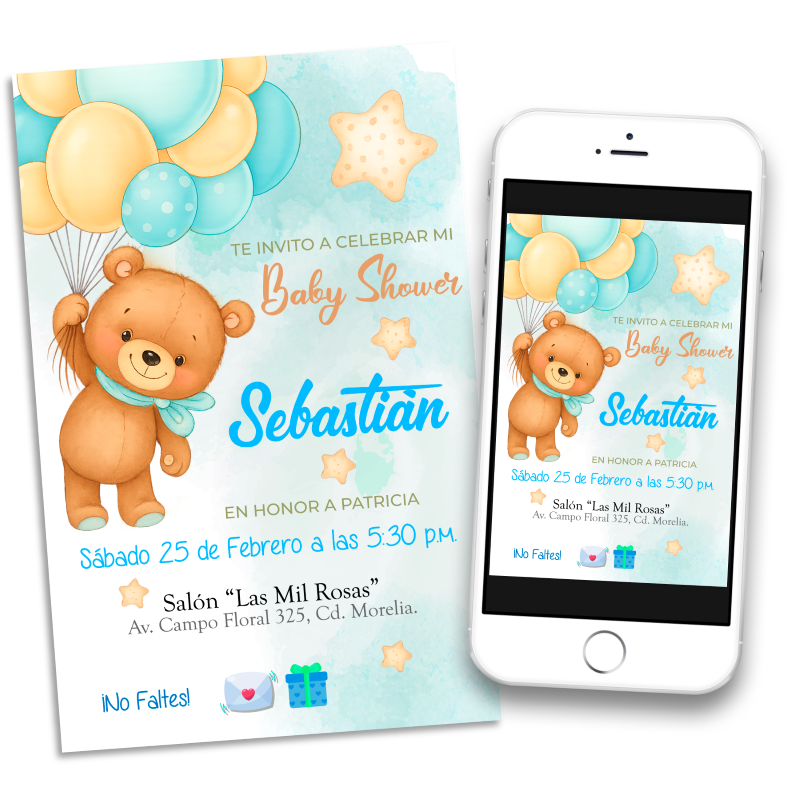 Baby Shower Osito con Globos Azul Cielo Invitación Digital