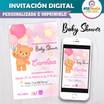 Baby Shower Osito con Globos Azul Cielo Invitación Digital