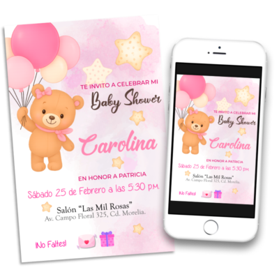 Baby Shower Osito con Globos Azul Cielo Invitación Digital