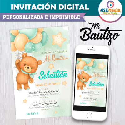 Bautizo Osito con Globos Verde Menta Invitación Digital