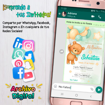 Bautizo Osito con Globos Verde Menta Invitación Digital