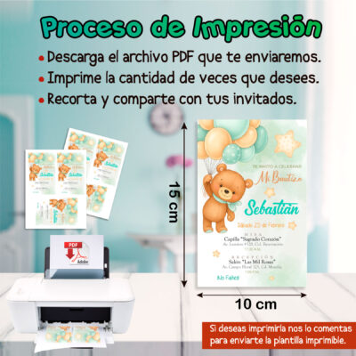 Bautizo Osito con Globos Verde Menta Invitación Digital