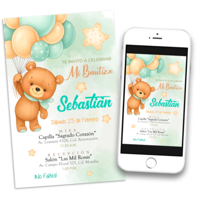 Bautizo Osito con Globos Verde Menta Invitación Digital