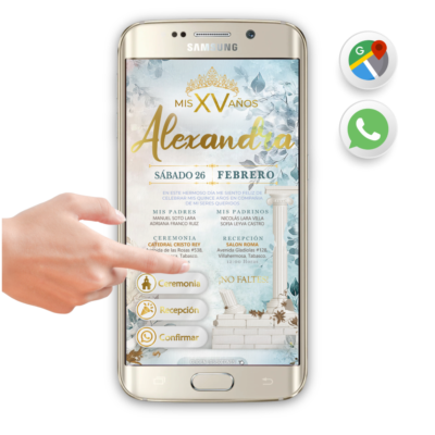 Mis XV Años, Floral Romana – Invitación Interactiva de Cumpleaños para WhatsApp