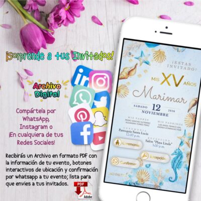 Mis XV Años, Floral en Azul Marino – Invitación Interactiva de Cumpleaños para WhatsApp