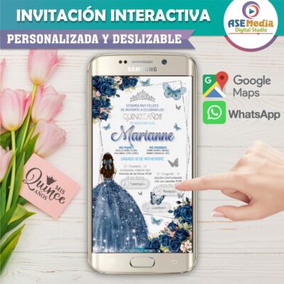 Mis XV Años, Floral en Azul Marino – Invitación Interactiva de Cumpleaños para WhatsApp