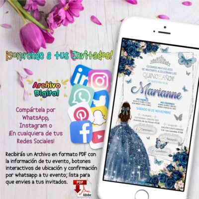 Mis XV Años, Floral en Azul Marino – Invitación Interactiva de Cumpleaños para WhatsApp