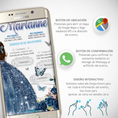 Mis XV Años, Floral en Azul Marino – Invitación Interactiva de Cumpleaños para WhatsApp