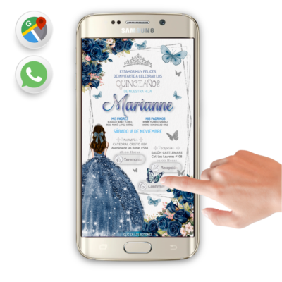 Mis XV Años, Floral en Azul Marino – Invitación Interactiva de Cumpleaños para WhatsApp
