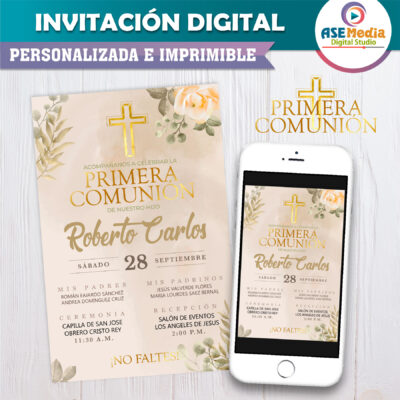 Mi Primera Comunión Dorado Boho Invitación Digital