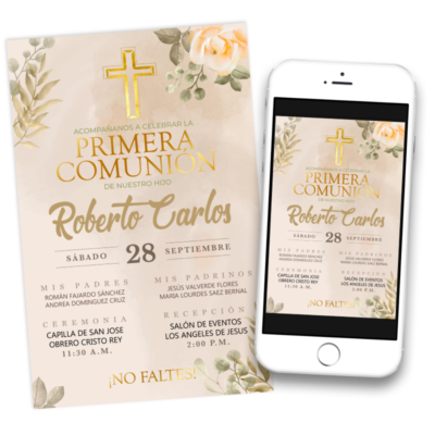 Mi Primera Comunión Dorado Boho Invitación Digital