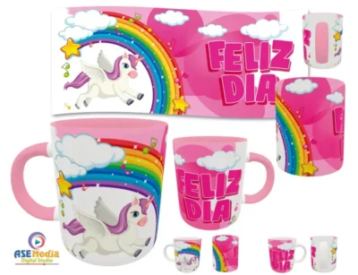 Plantilla digital Unicornios para sublimaciÃ³n; composiciÃ³n original con diseÃ±o y tazas aplicadas; no incluye taza fÃ­sica.