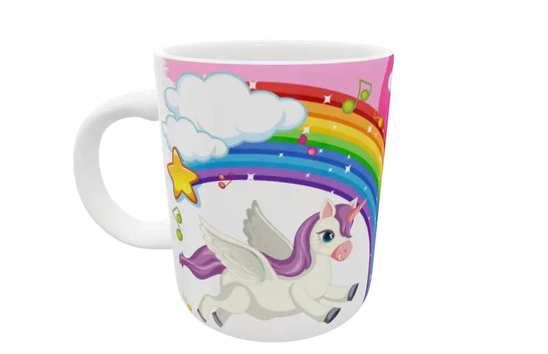 Plantilla digital Unicornios para sublimación; vista aplicada original en taza; no incluye taza fÃsica.
